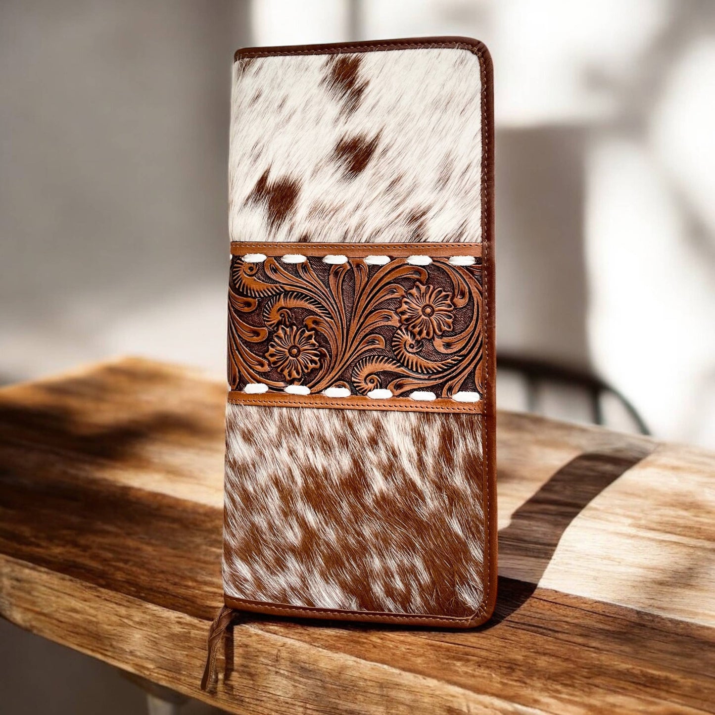 Tan cowhide & tooled jewelry wallet 