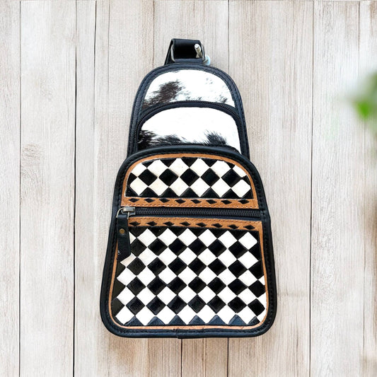 Checker tooled & cowhide sling bag 