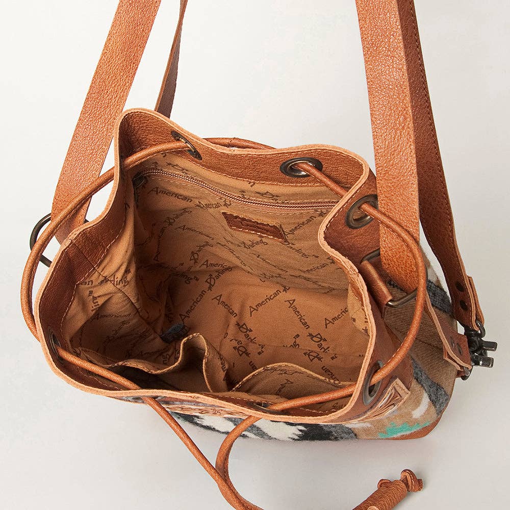 LC-ADBG862 Hand-Tooled Western Leather Bucket Bag with Wool Blanket Weave American Darling Drawstring Purse
