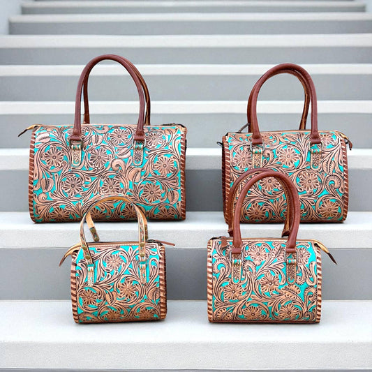 Turquoise tan tooled leather speedy bag 
