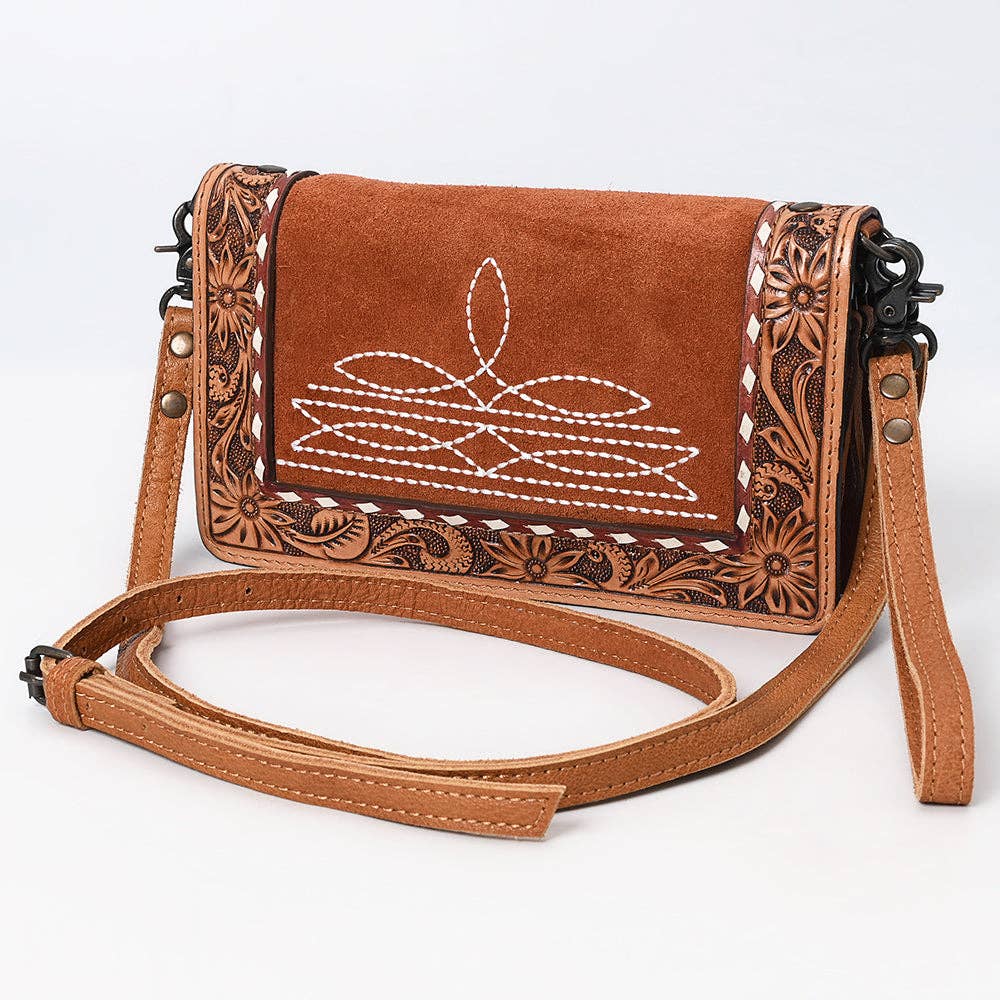 ADBG1653 Tan Suede & Tooled Leather Crossbody Bag with White Embroidery and Floral Border