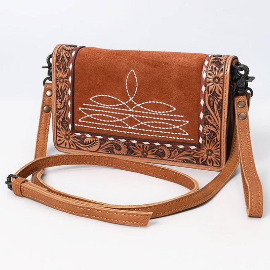 ADBG1653 Tan Suede & Tooled Leather Crossbody Bag with White Embroidery and Floral Border