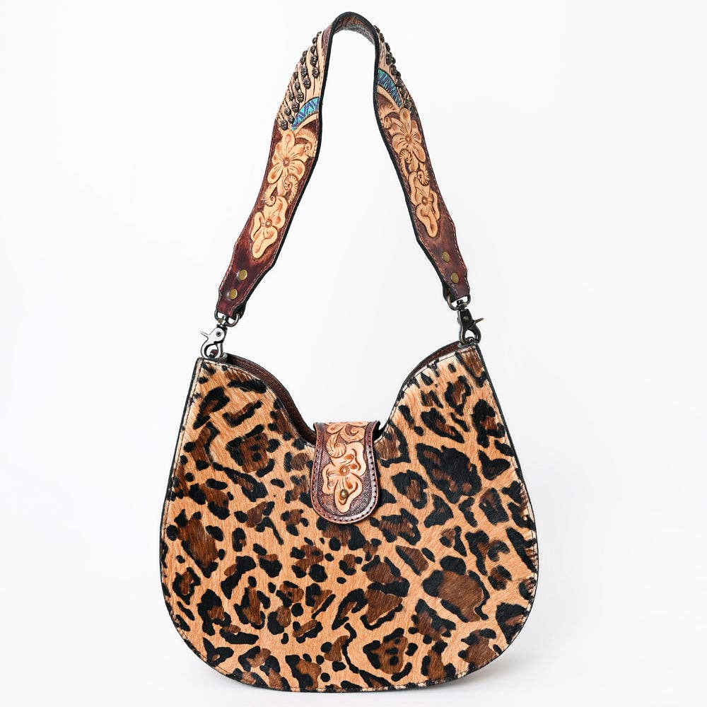 ADBG1075 Leopard Print Cowhide Hobo Bag with Tooled Feather Strap-Western Leather Shoulder Purse