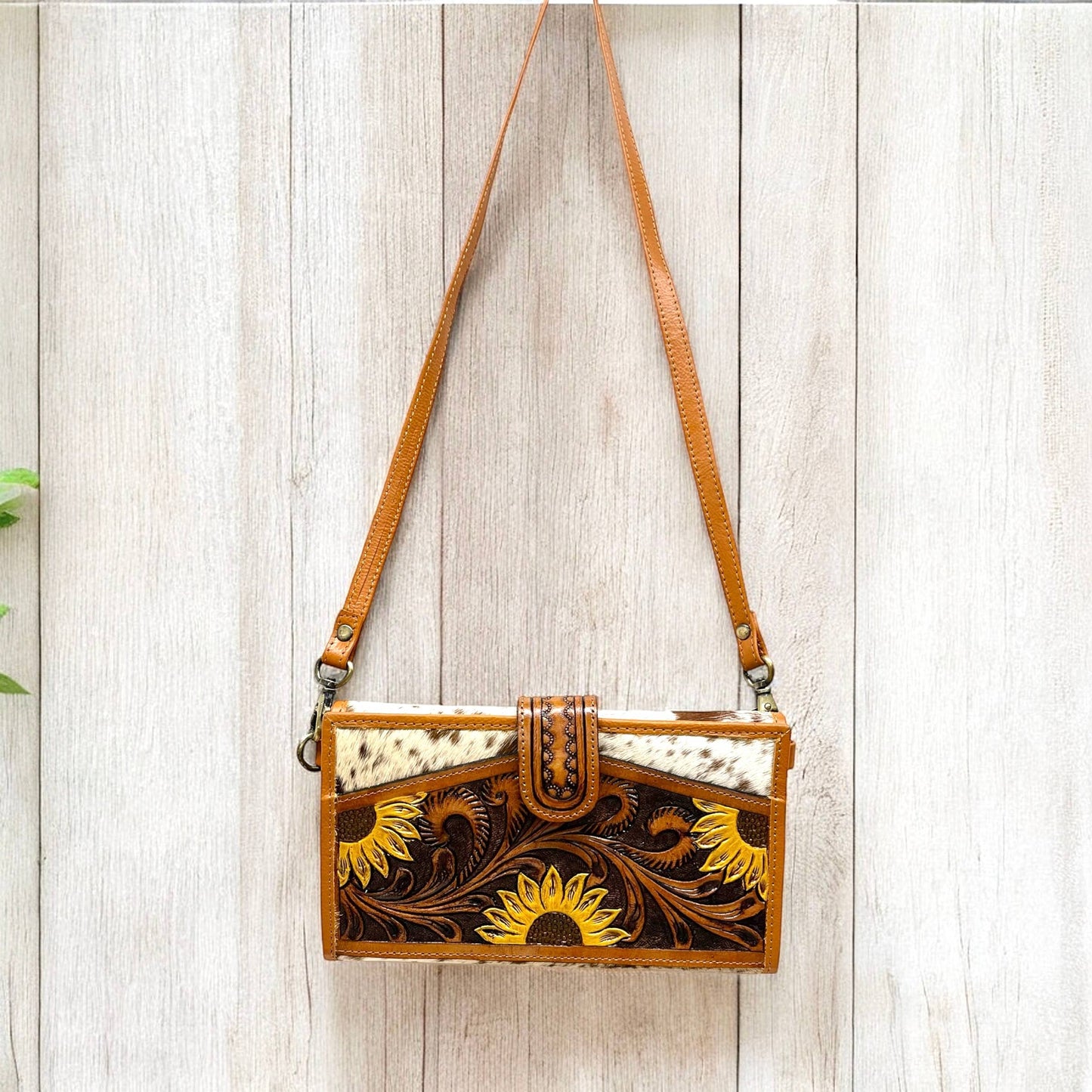 Sunflower tooled & cowhide crossbody wallet