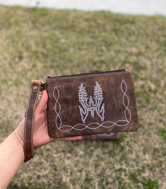 BootStitch Tooled Rustic Leather Wristlet Pouch    