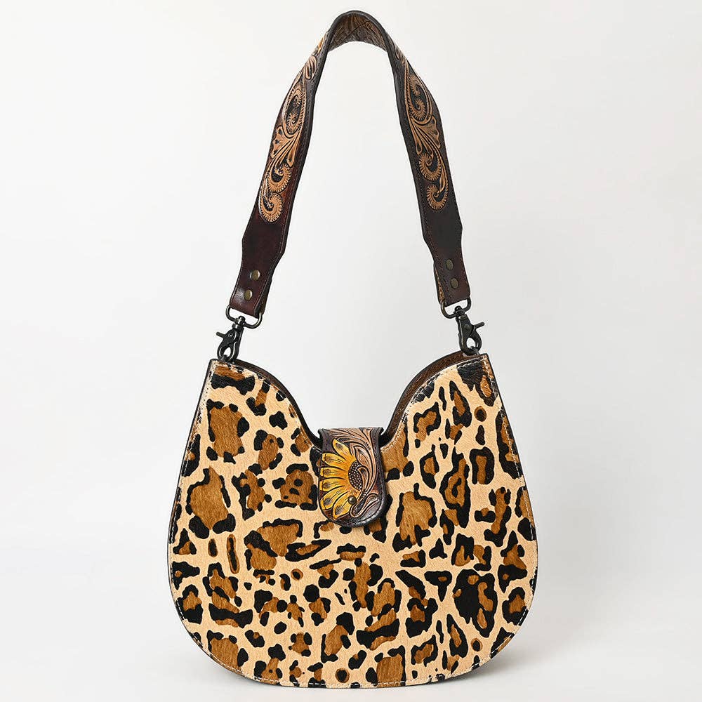 ADBG1075 Leopard Print Cowhide Hobo Bag with Tooled Feather Strap-Western Leather Shoulder Purse