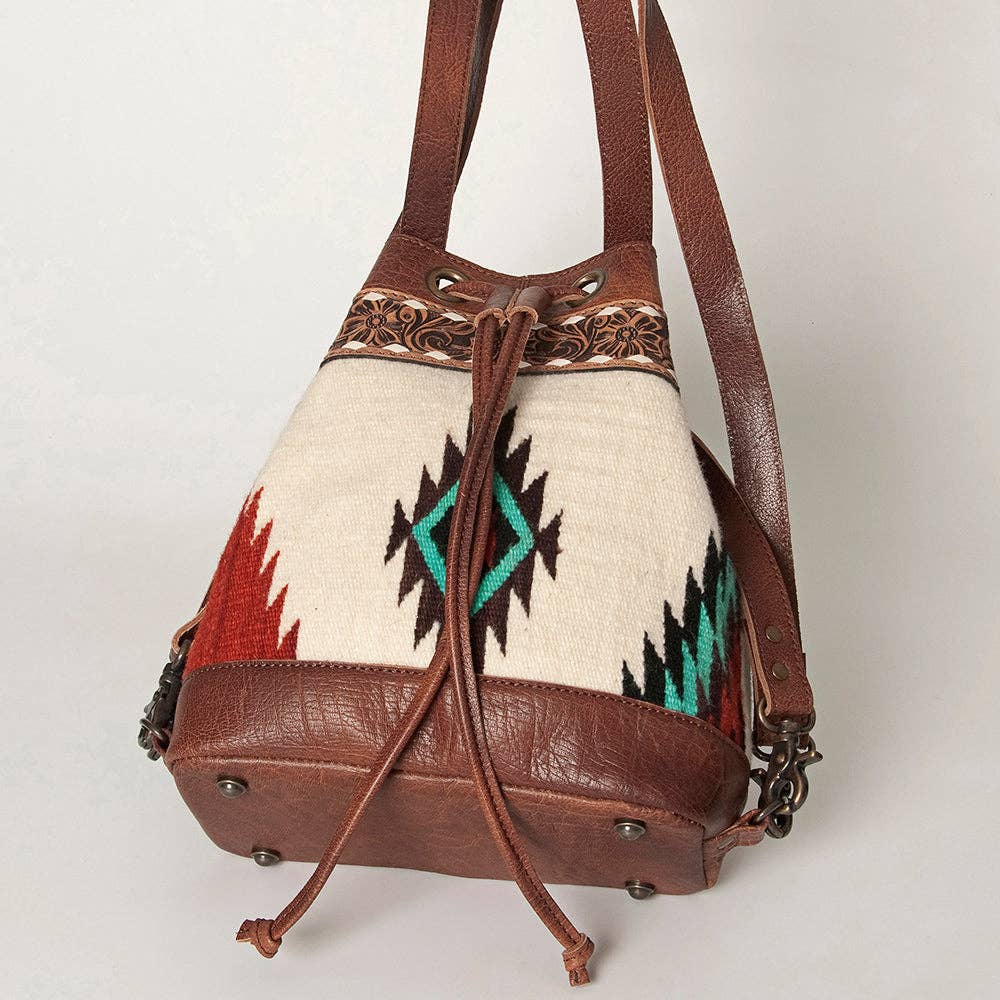 LC-ADBG862 Hand-Tooled Western Leather Bucket Bag with Wool Blanket Weave American Darling Drawstring Purse