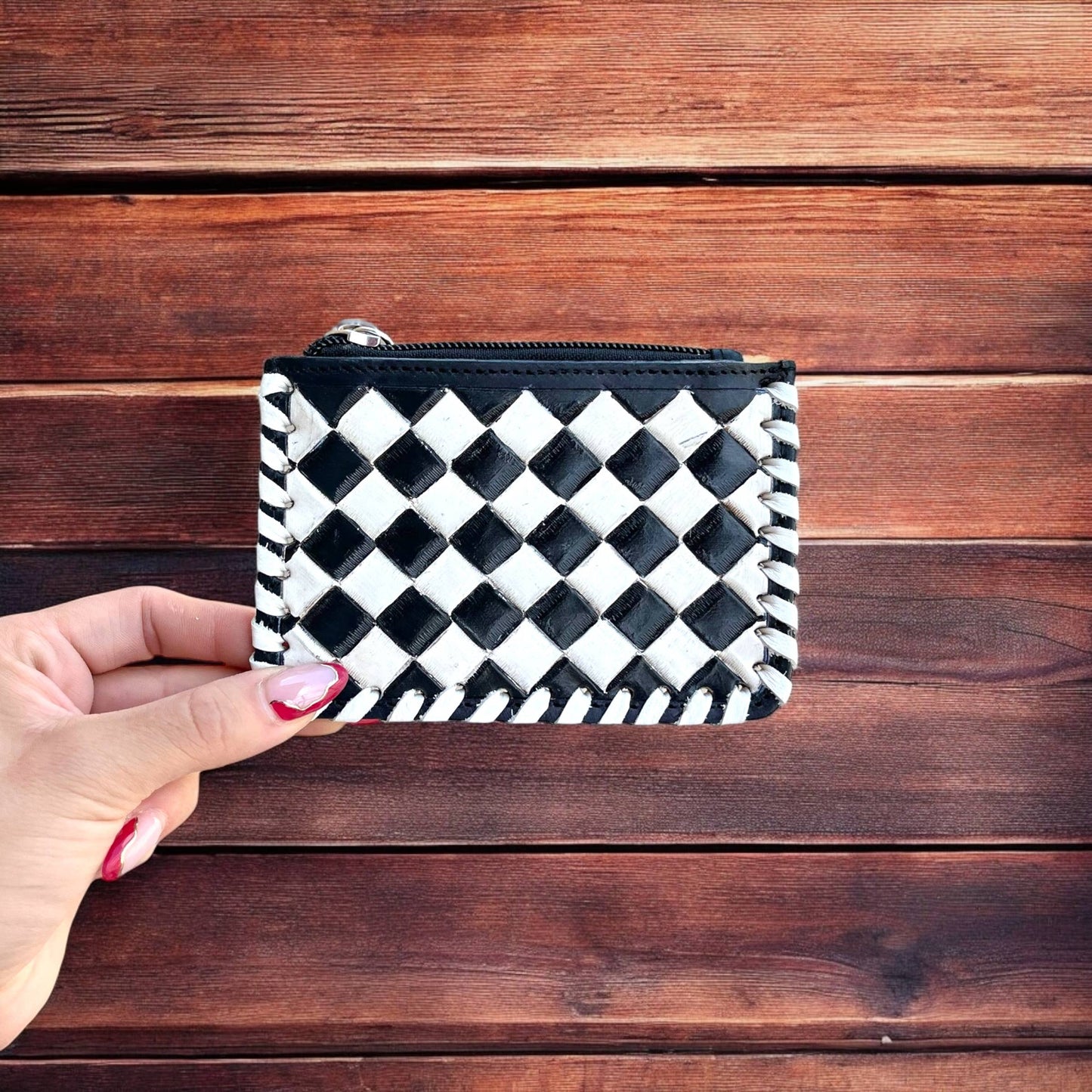 Checkers tooled leather & cowhide coin pouch 