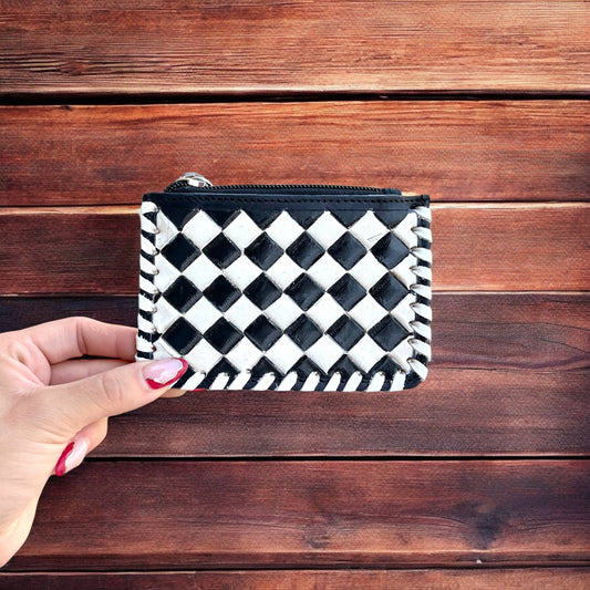 Checkers tooled leather & cowhide coin pouch 