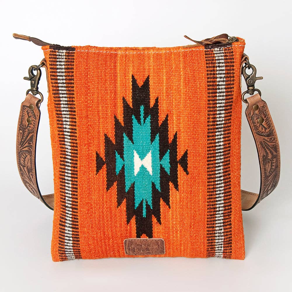 LC-ADBG865 Orange Southwestern Saddle Blanket Crossbody Bag with Tooled Leather Strap & Stud Accents