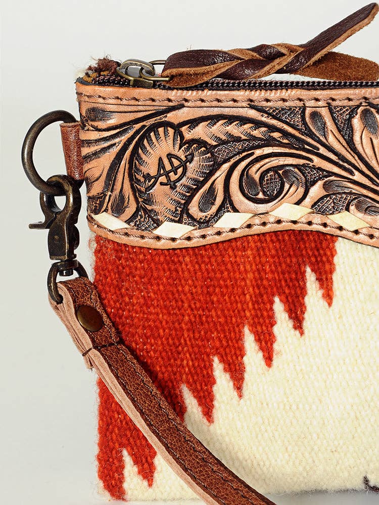 ADBG344 Southwestern Wool Wristlet Clutch with Tooled Leather Trim & Fringe Tassel