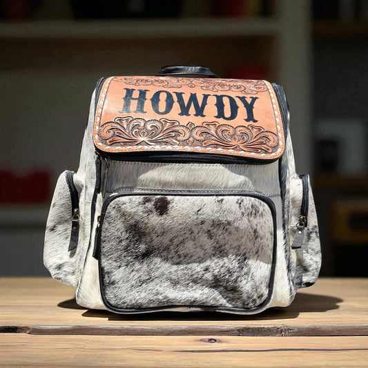 Howdy tooled leather & cowhide backpack 