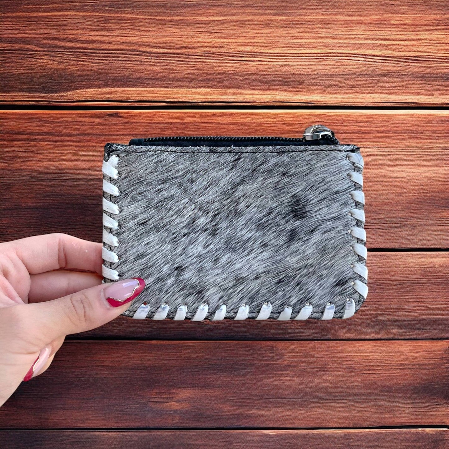 Checkers tooled leather & cowhide coin pouch 