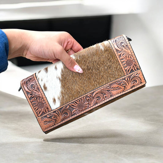 Cowhide & tooled leather crossbody wallet 