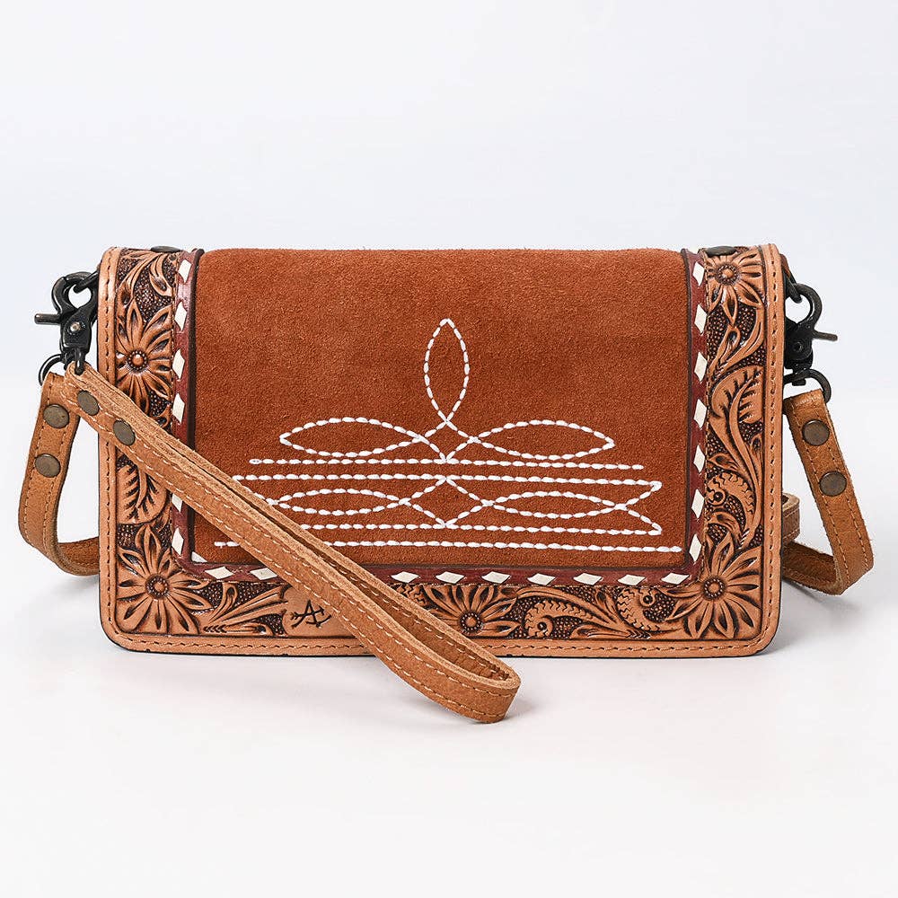 ADBG1653 Tan Suede & Tooled Leather Crossbody Bag with White Embroidery and Floral Border