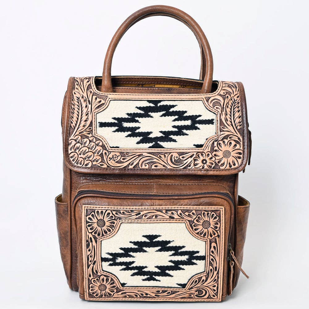 ADBG1088 Southwestern Tooled Leather Backpack-Woven Wool Panels & Top Handles
