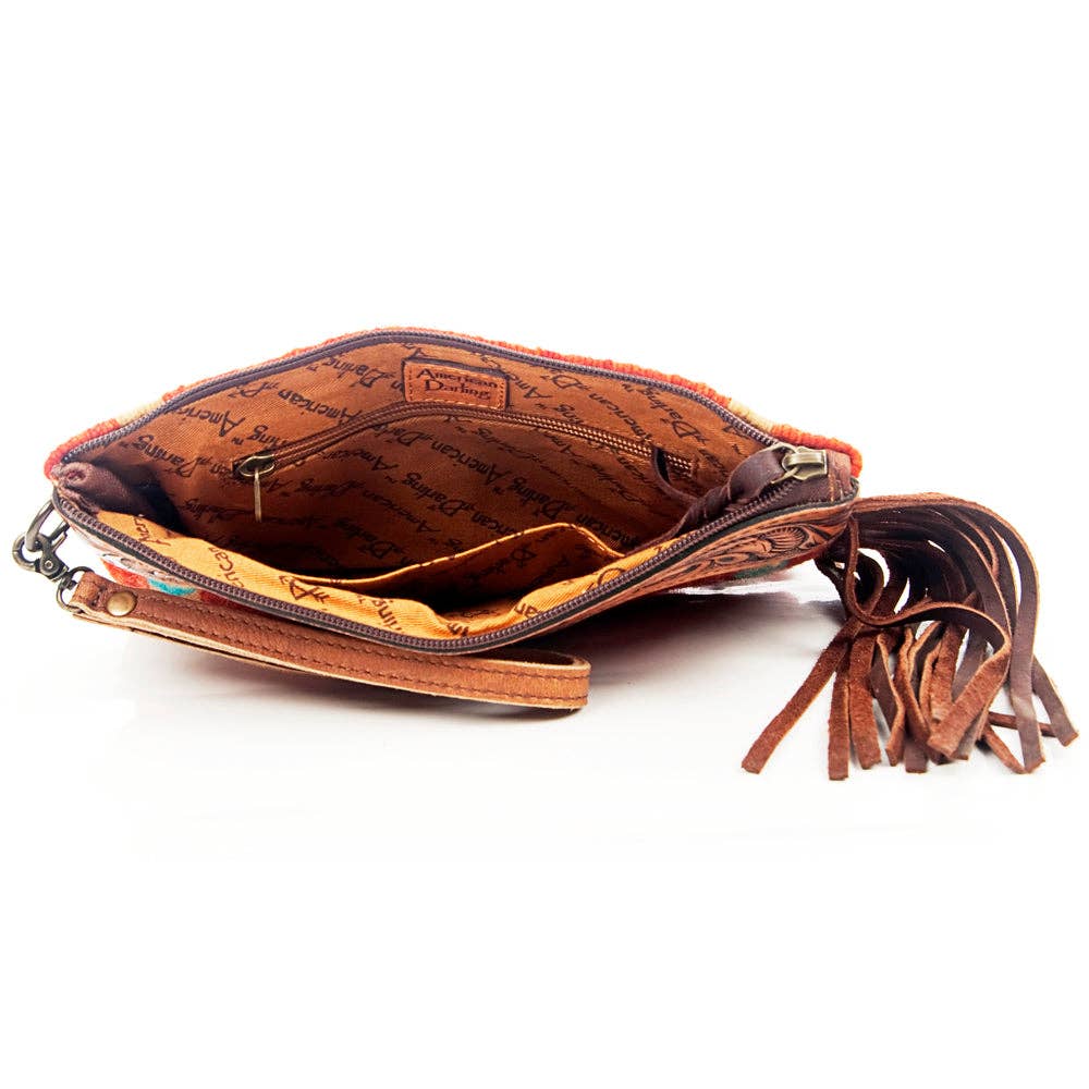 ADBG344 Southwestern Wool Wristlet Clutch with Tooled Leather Trim & Fringe Tassel
