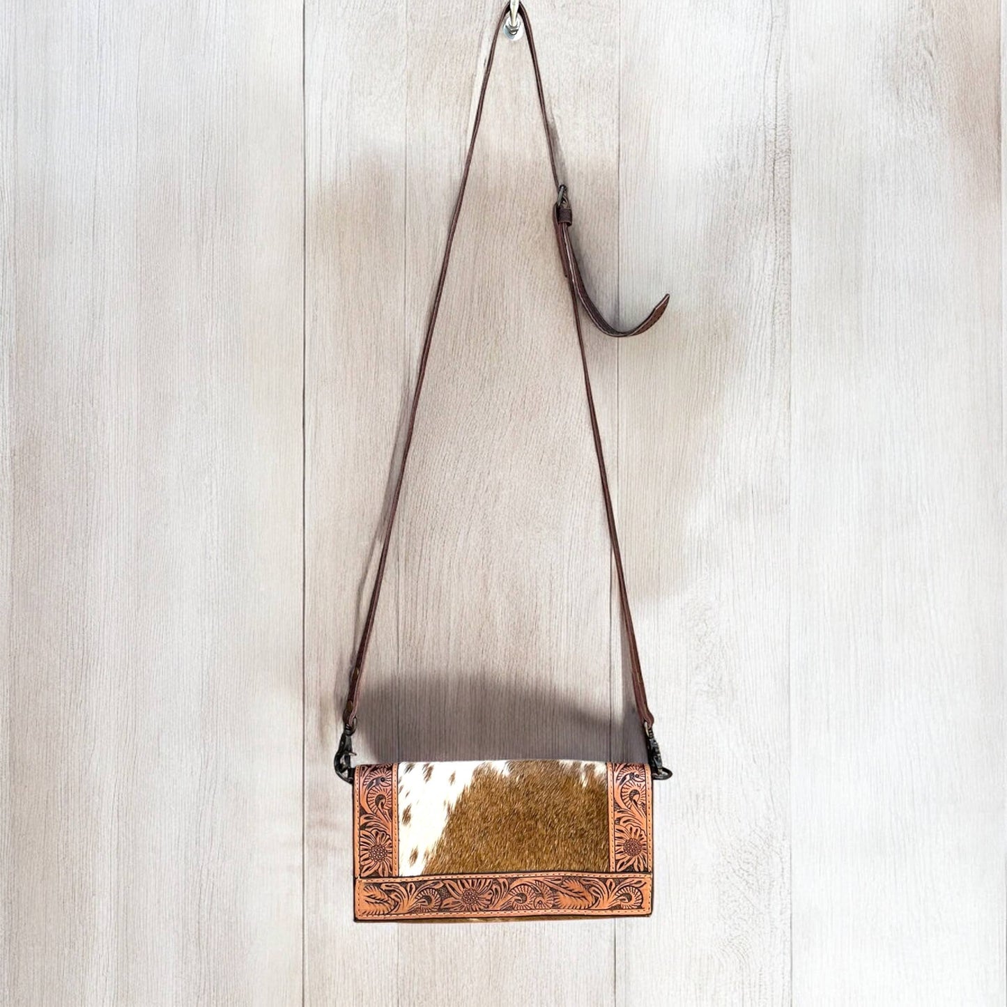 Cowhide & tooled leather crossbody wallet 