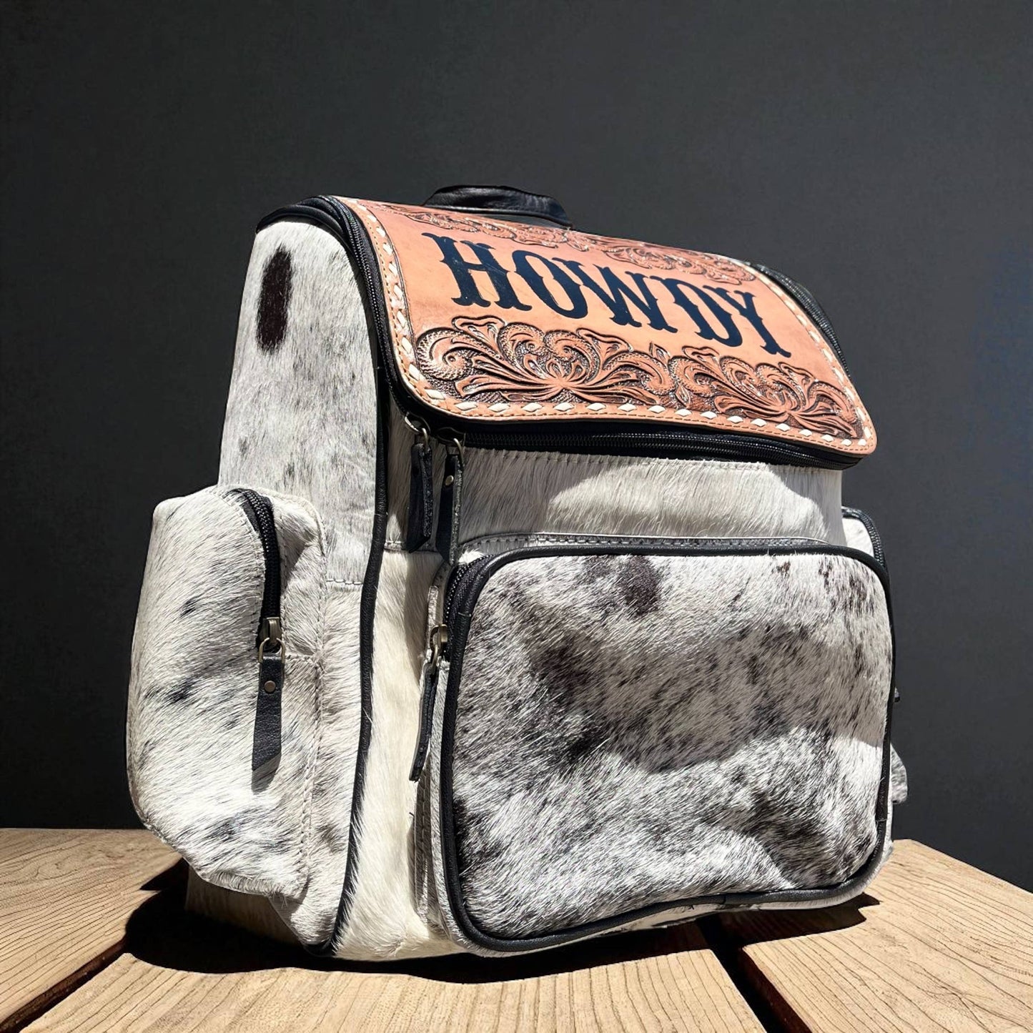 Howdy tooled leather & cowhide backpack 