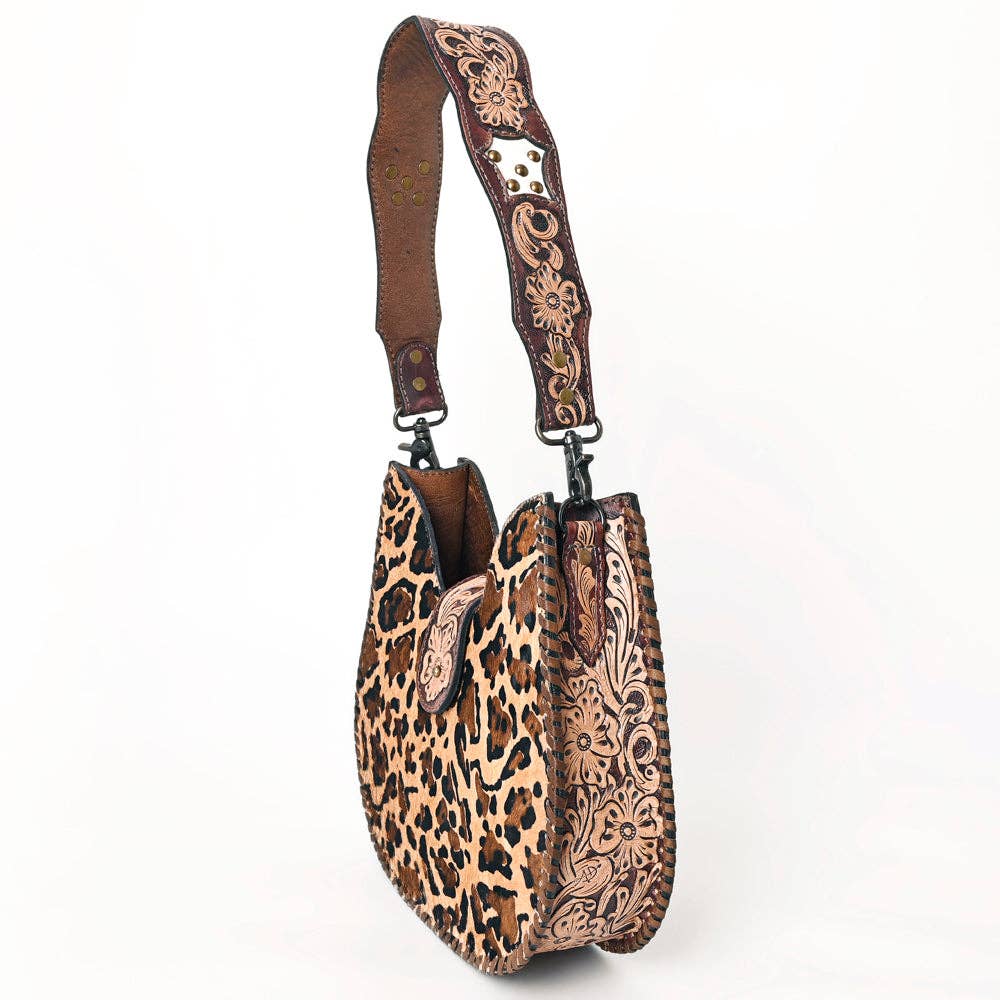 ADBG1075 Leopard Print Cowhide Hobo Bag with Tooled Feather Strap-Western Leather Shoulder Purse