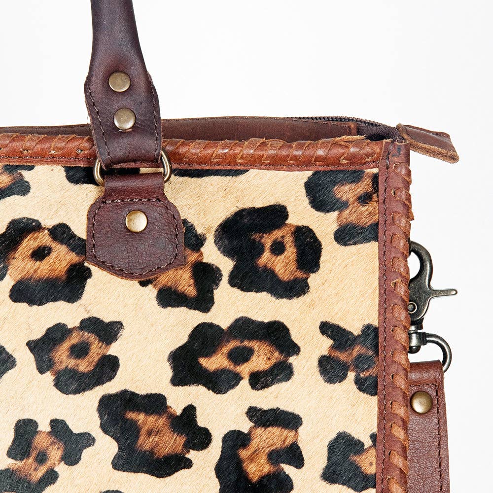 LC-ADBG229 Printed Hair-On Hide Leather Tote with Brown Strap and Stitch Detailing