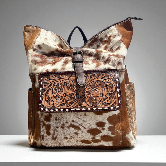 Rodeo tooled leather & cowhide backpack 