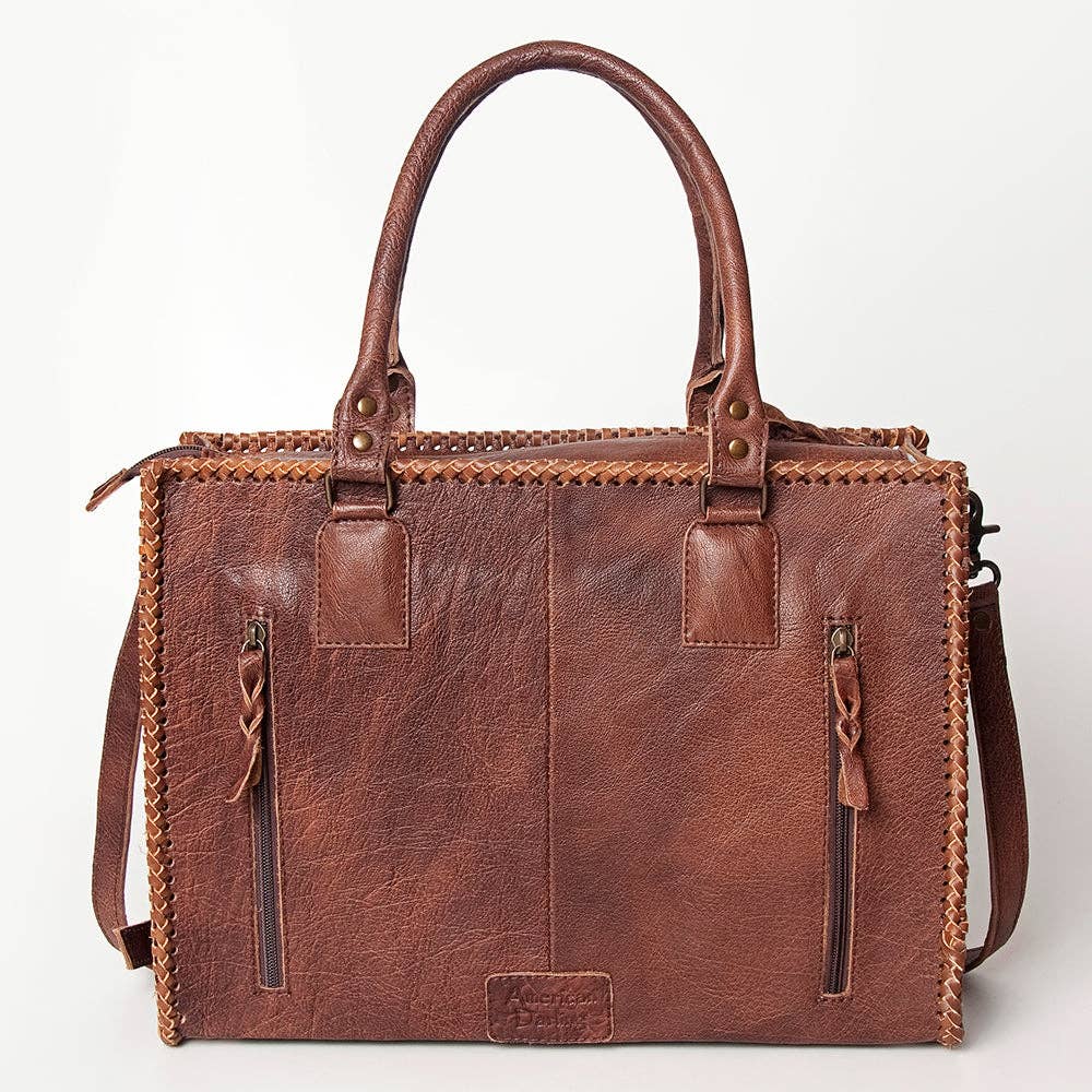 LC-ADBG229 Printed Hair-On Hide Leather Tote with Brown Strap and Stitch Detailing