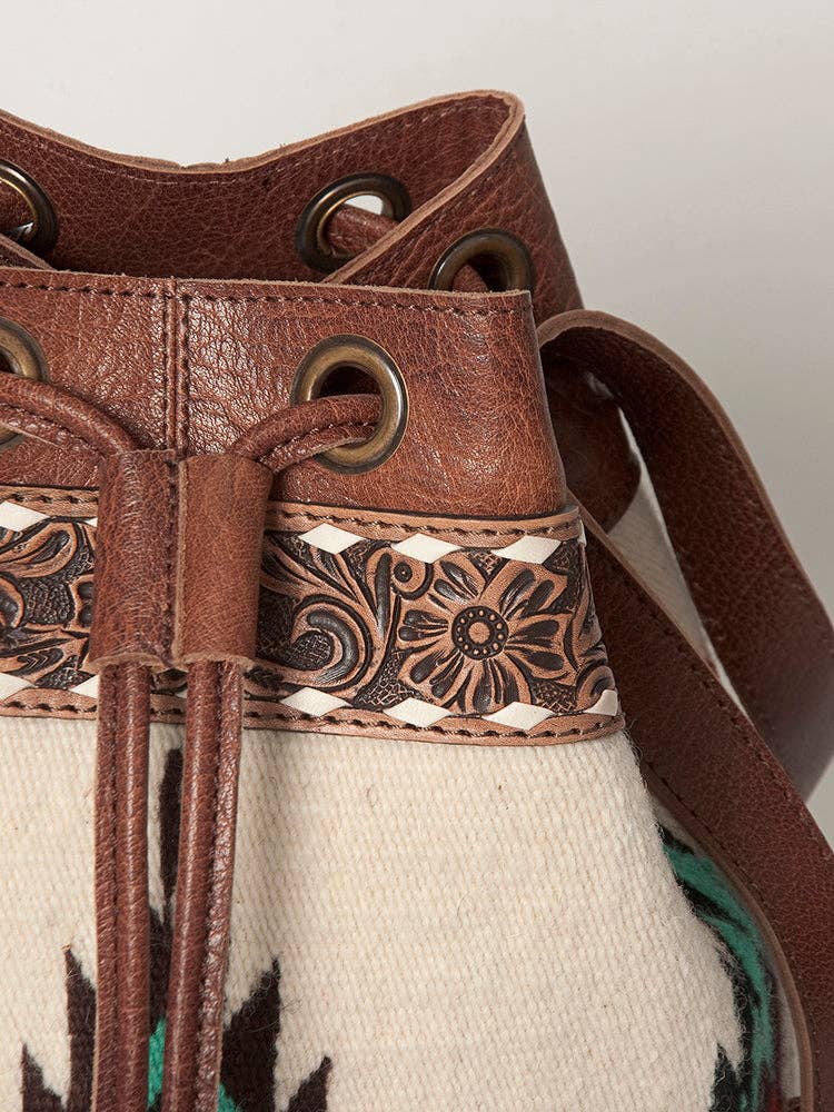 LC-ADBG862 Hand-Tooled Western Leather Bucket Bag with Wool Blanket Weave American Darling Drawstring Purse