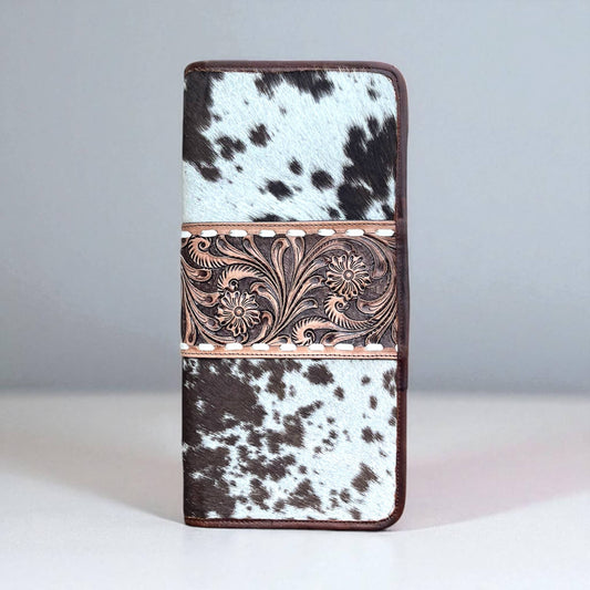 Brown Tooled leather & cowhide jewelry wallet 