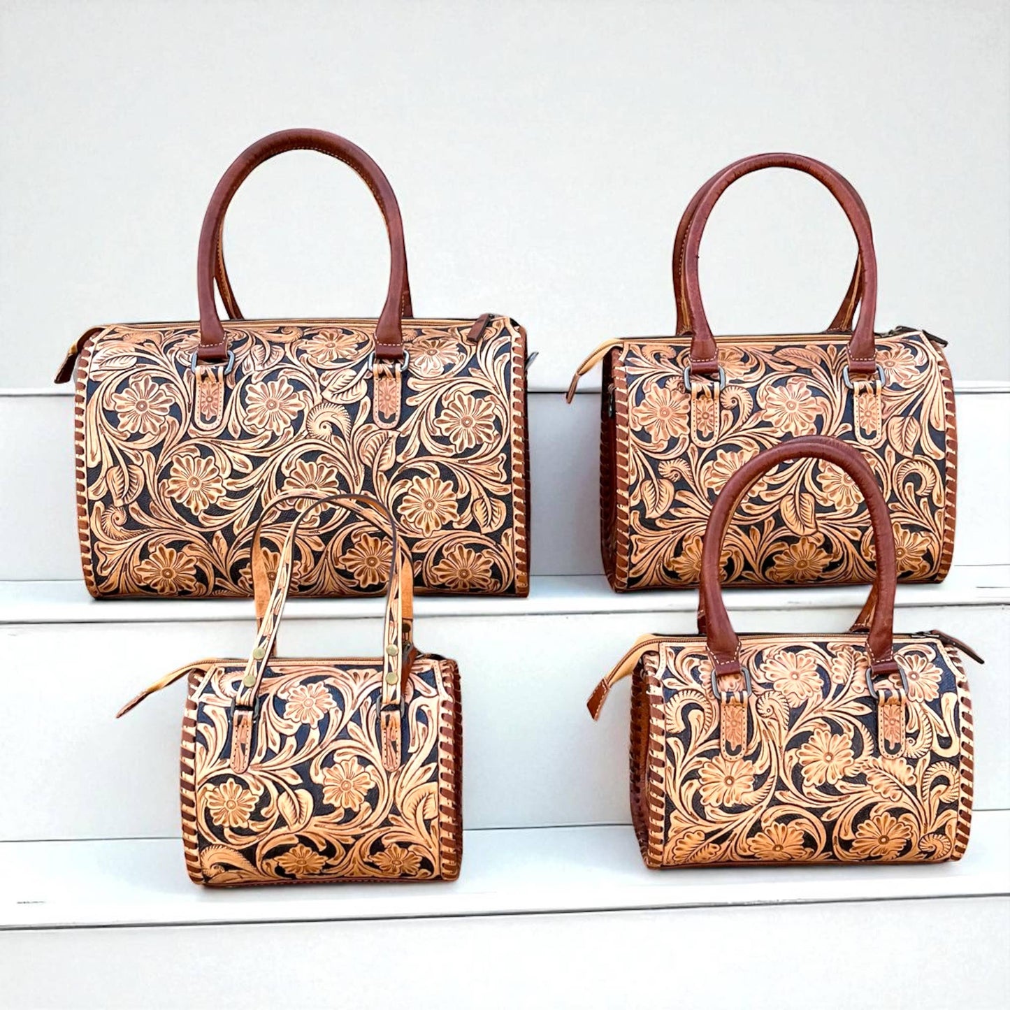 Tan tooled leather speedy bag 
