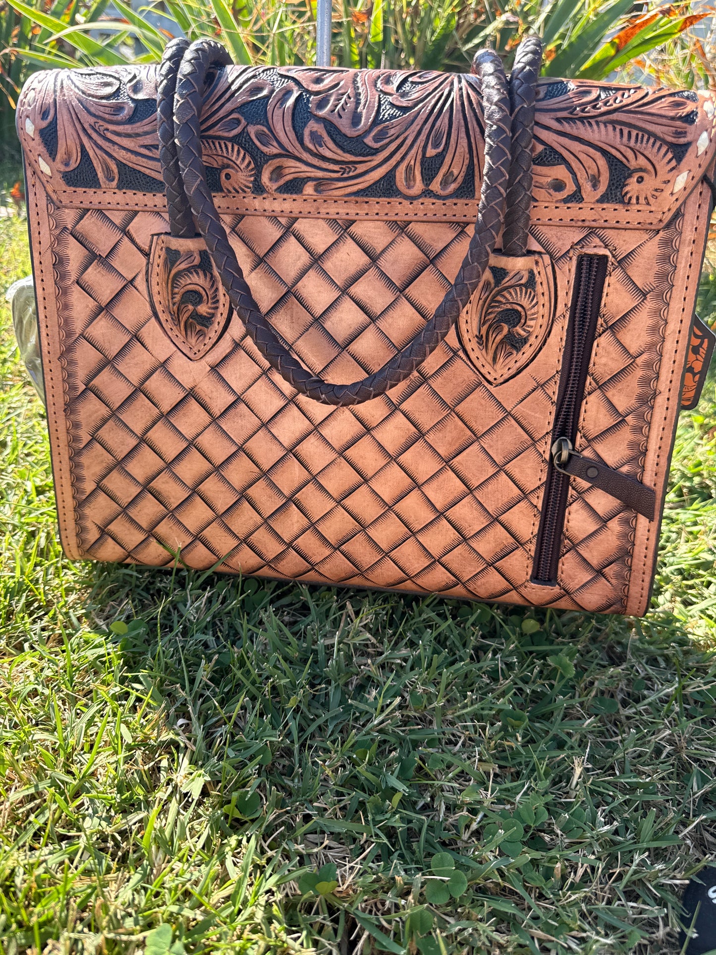 Tooled leather tote  purse 