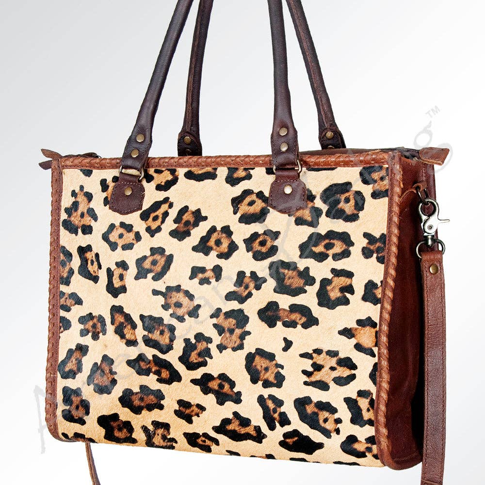 LC-ADBG229 Printed Hair-On Hide Leather Tote with Brown Strap and Stitch Detailing