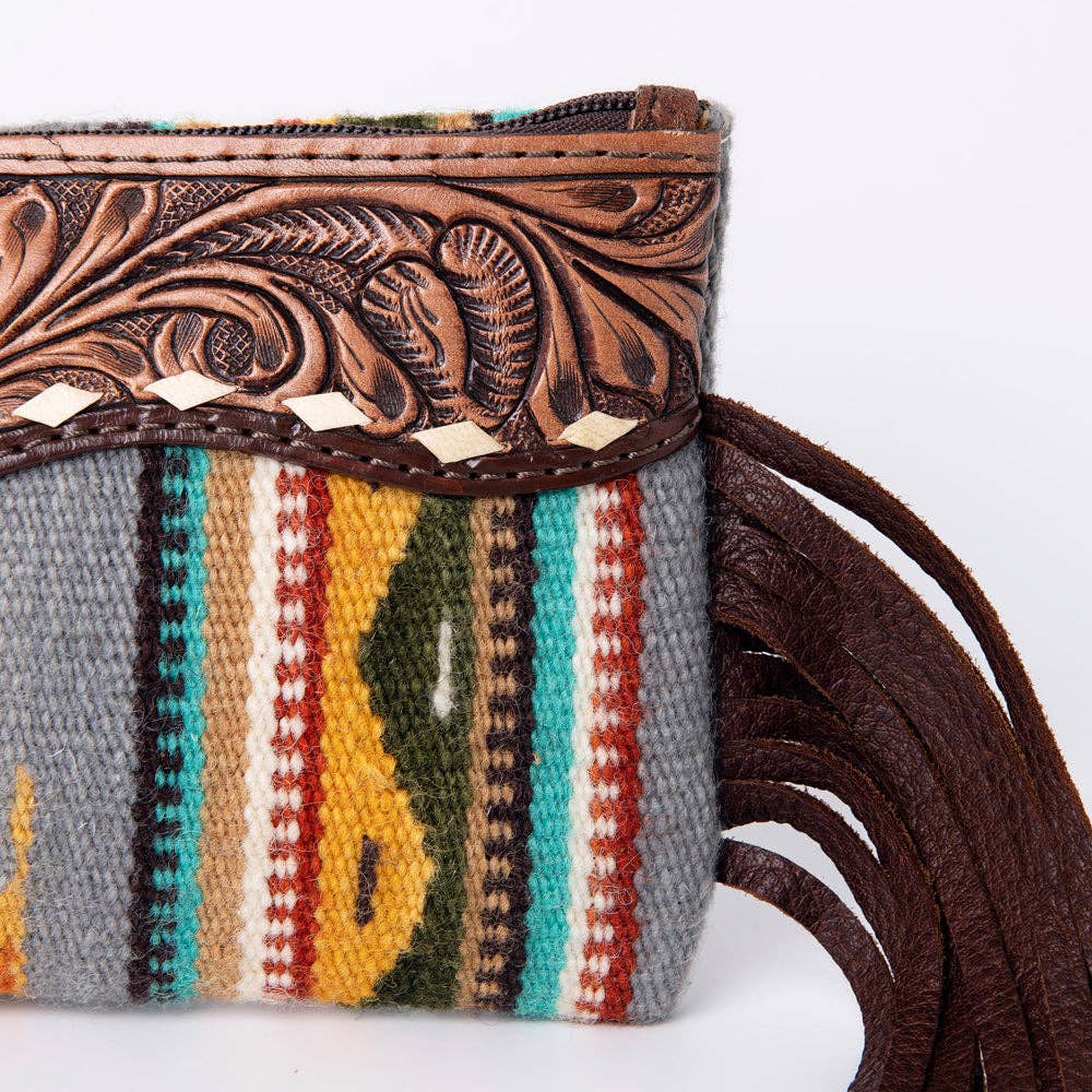 ADBG344 Southwestern Wool Wristlet Clutch with Tooled Leather Trim & Fringe Tassel