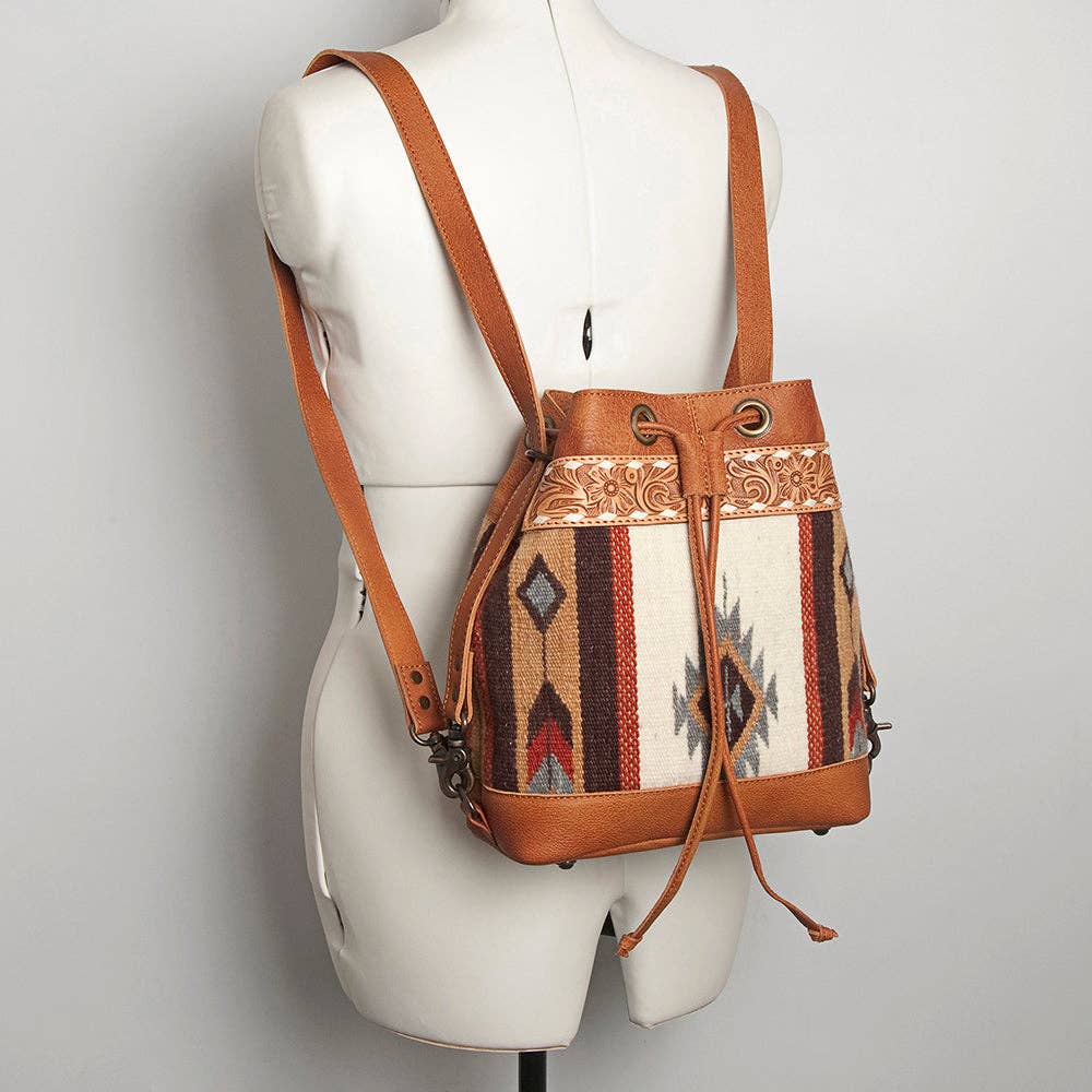 LC-ADBG862 Hand-Tooled Western Leather Bucket Bag with Wool Blanket Weave American Darling Drawstring Purse