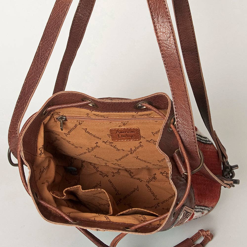 LC-ADBG862 Hand-Tooled Western Leather Bucket Bag with Wool Blanket Weave American Darling Drawstring Purse