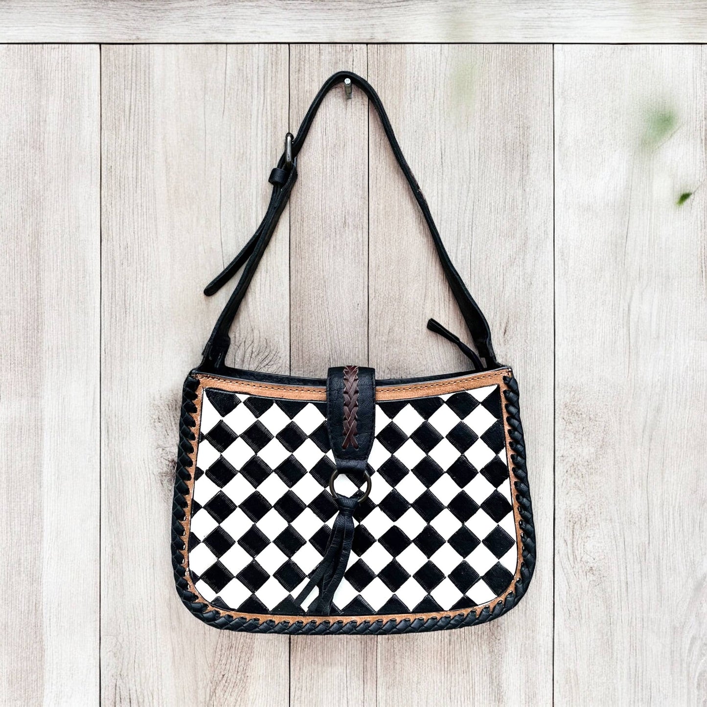 Checker tooled leather shoulder bag 