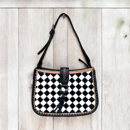 Checker tooled leather shoulder bag 