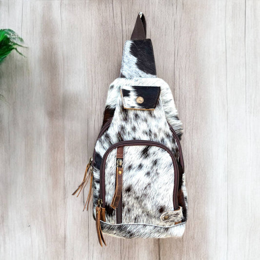 Black/white all cowhide sling bag 