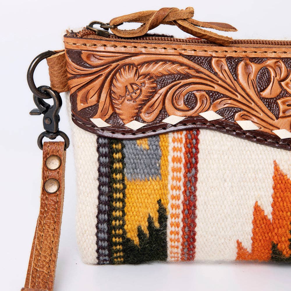 ADBG344 Southwestern Wool Wristlet Clutch with Tooled Leather Trim & Fringe Tassel