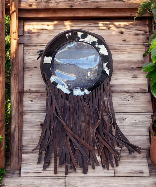 Large Brown Clear Cowhide Cateen Fringe Bag
