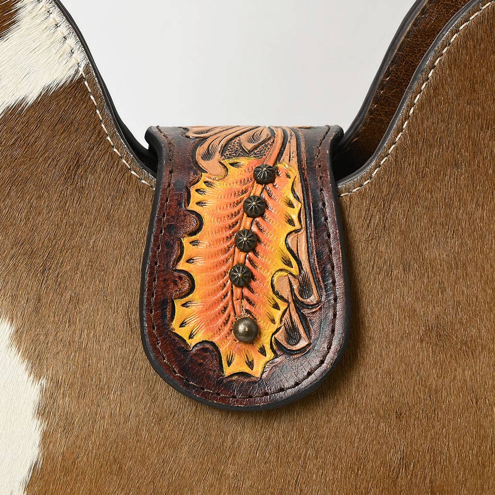 LC-ADBG1081 Hair-On Cowhide Tooled & Hand-Painted Leather Strap. Women’s Shoulder Bag