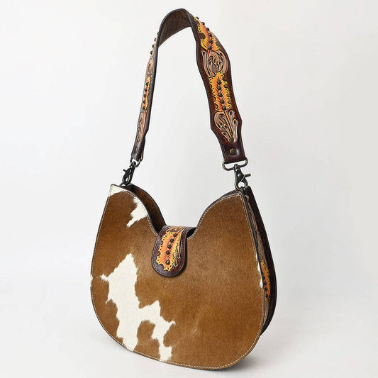 LC-ADBG1081 Hair-On Cowhide Tooled & Hand-Painted Leather Strap. Women’s Shoulder Bag
