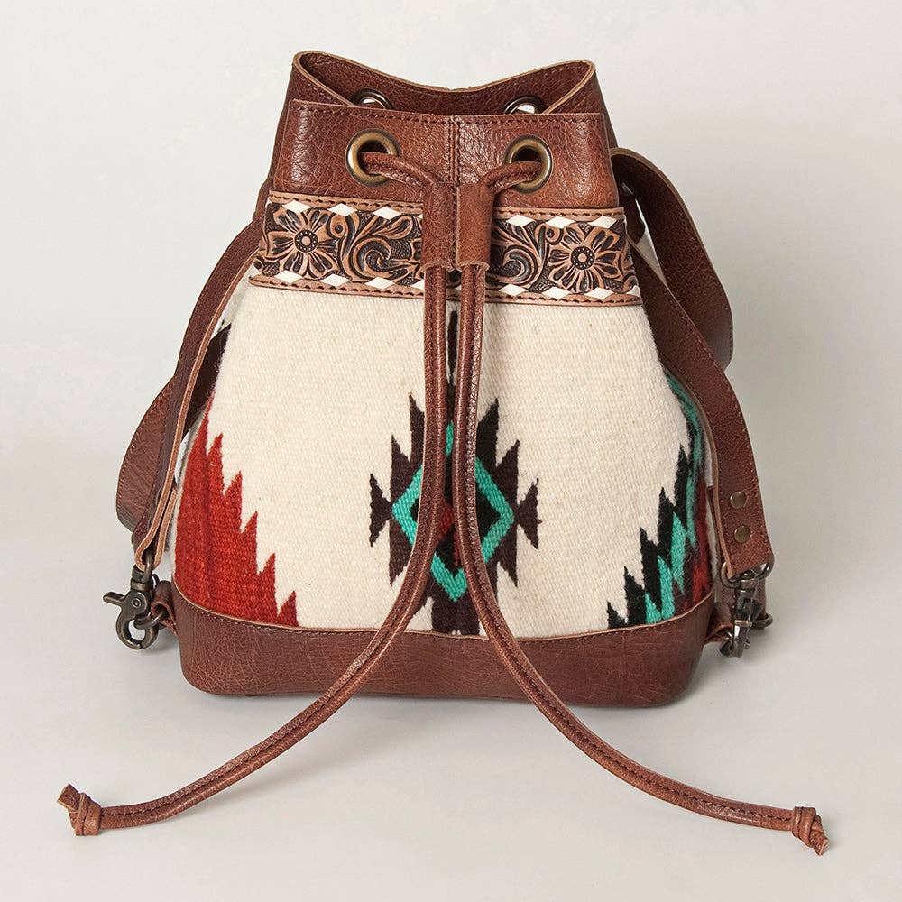 LC-ADBG862 Hand-Tooled Western Leather Bucket Bag with Wool Blanket Weave American Darling Drawstring Purse