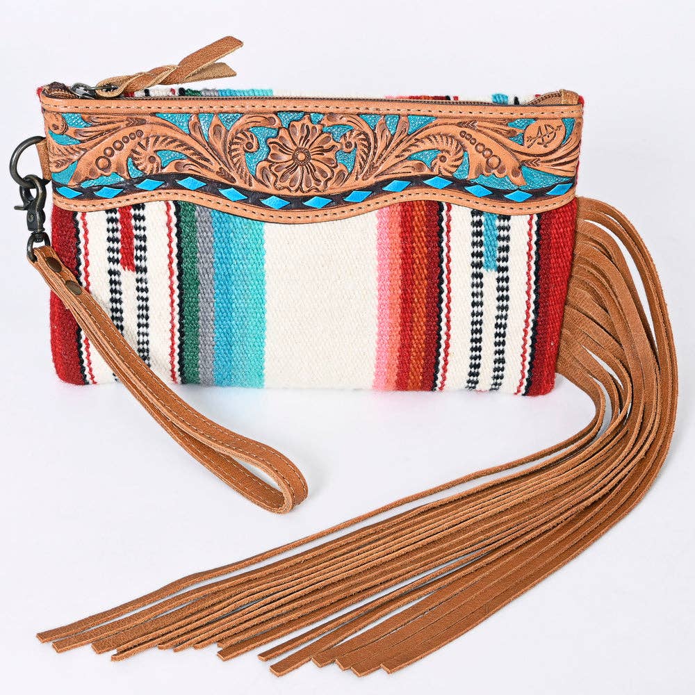 ADBG344 Southwestern Wool Wristlet Clutch with Tooled Leather Trim & Fringe Tassel
