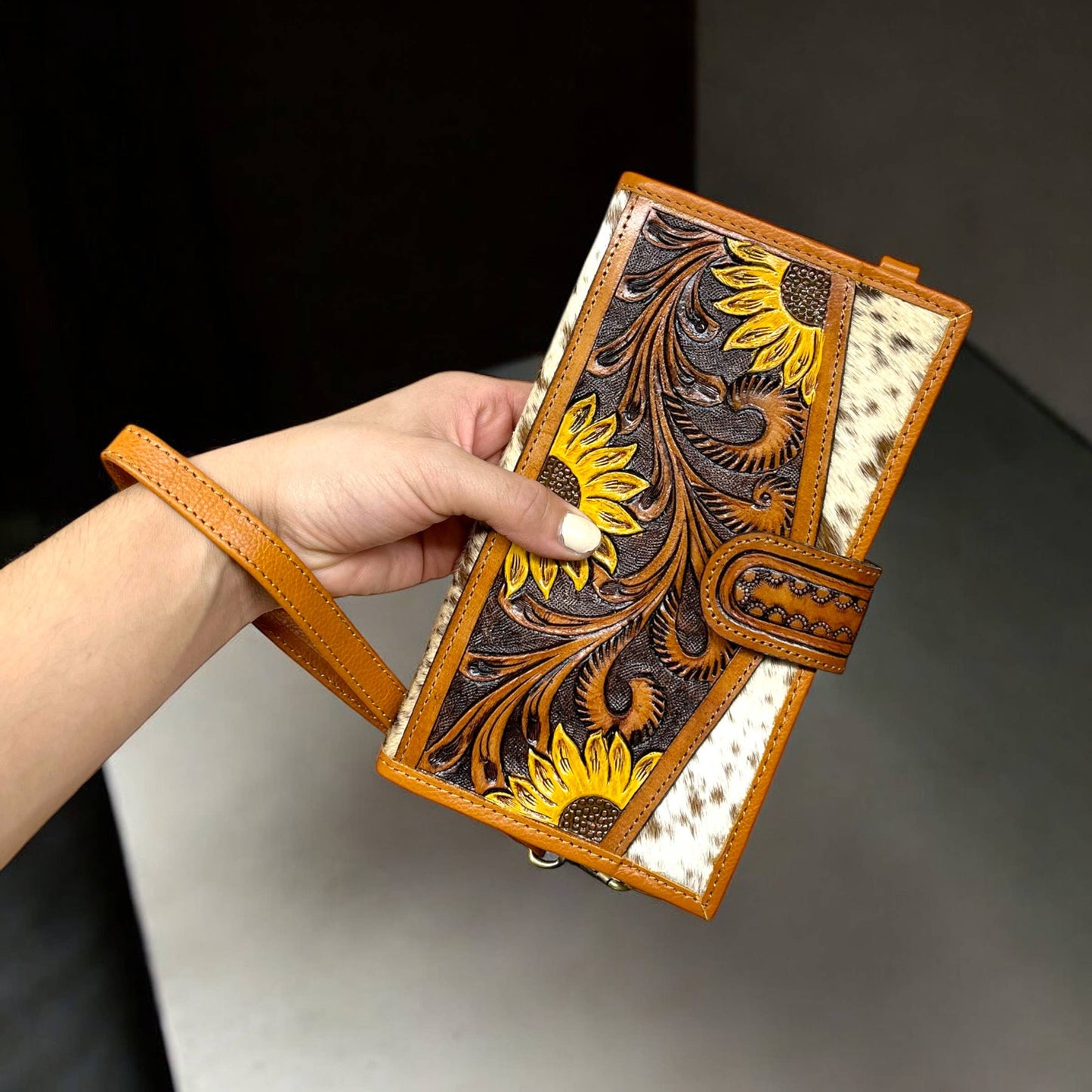 Sunflower tooled & cowhide crossbody wallet