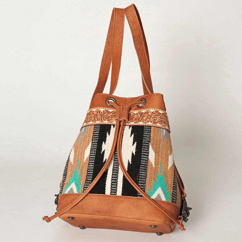 LC-ADBG862 Hand-Tooled Western Leather Bucket Bag with Wool Blanket Weave American Darling Drawstring Purse