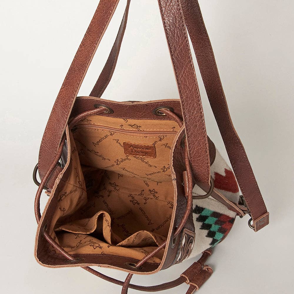 LC-ADBG862 Hand-Tooled Western Leather Bucket Bag with Wool Blanket Weave American Darling Drawstring Purse
