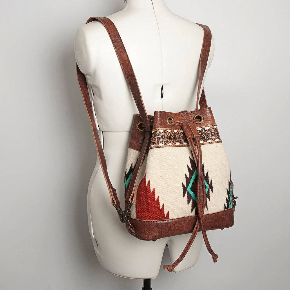 LC-ADBG862 Hand-Tooled Western Leather Bucket Bag with Wool Blanket Weave American Darling Drawstring Purse