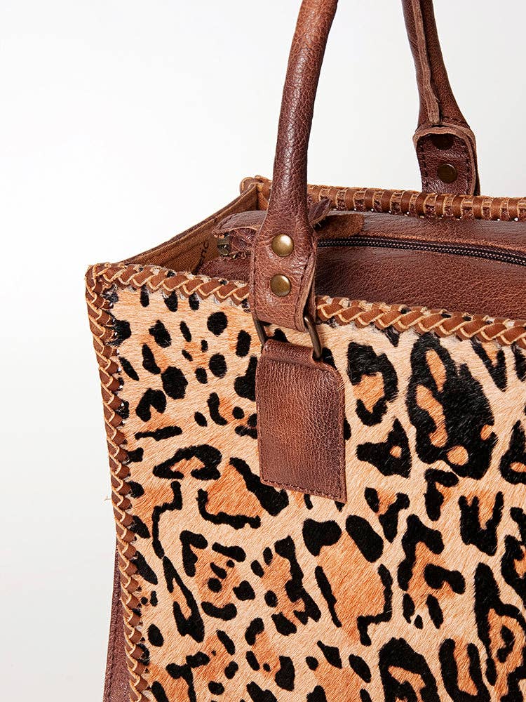 LC-ADBG229 Printed Hair-On Hide Leather Tote with Brown Strap and Stitch Detailing