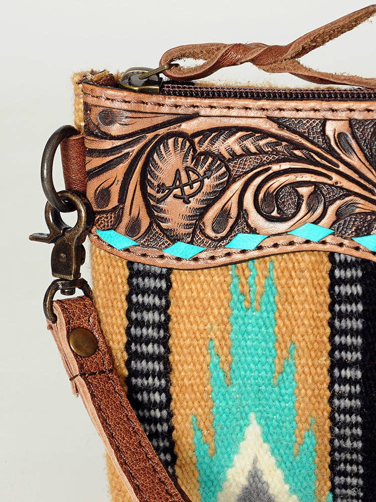ADBG344 Southwestern Wool Wristlet Clutch with Tooled Leather Trim & Fringe Tassel